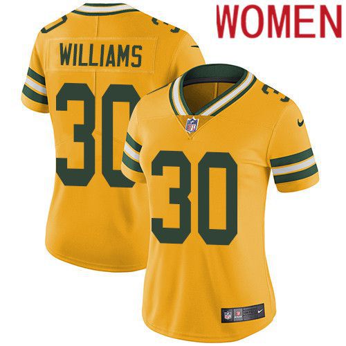 Women Green Bay Packers 30 Jamaal Williams Yellow Nike Vapor Limited NFL Jersey